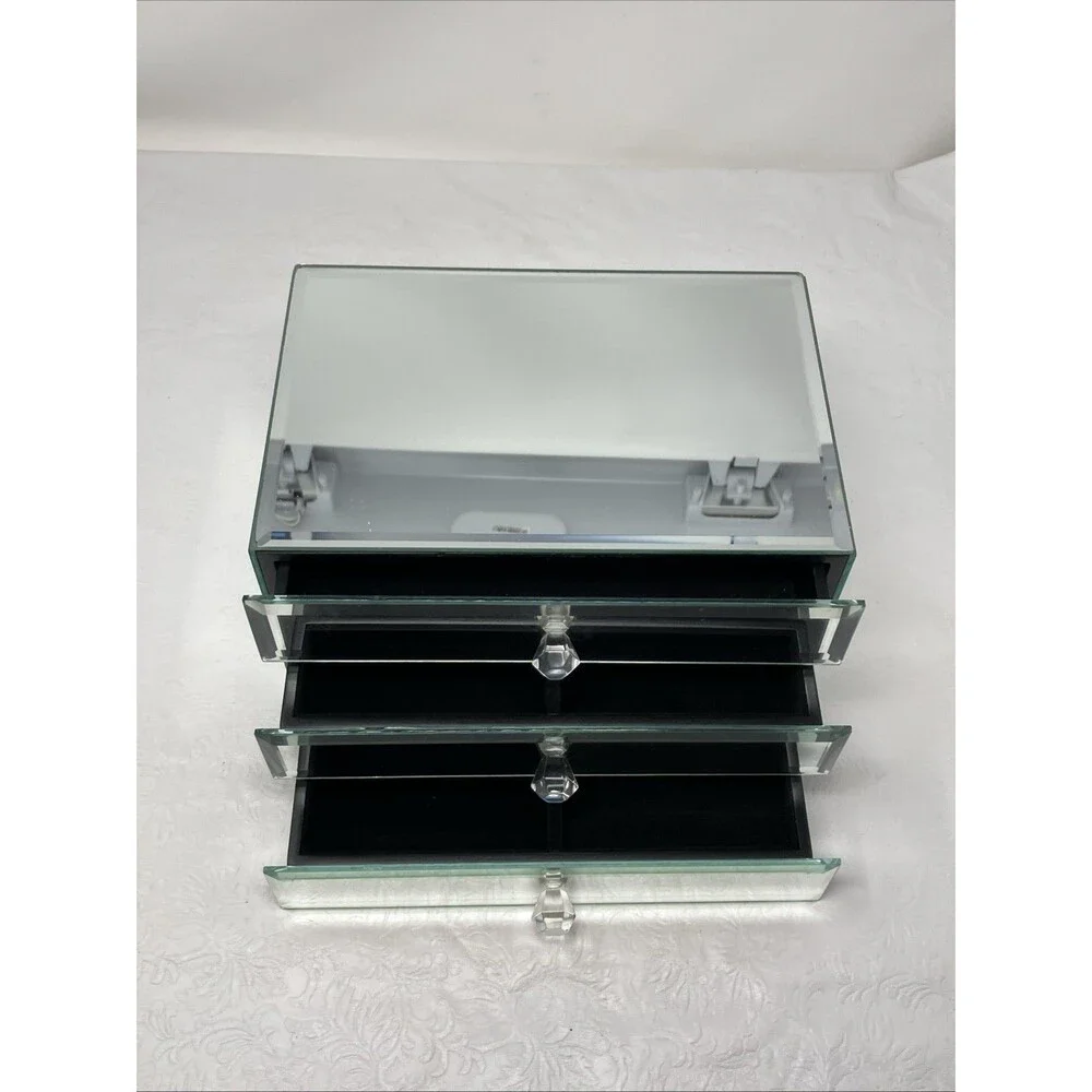 Mirrored Jewelry Box 3 Drawer Glass Organizer Crystal Knobs Ring Tray 9x6x5.5”